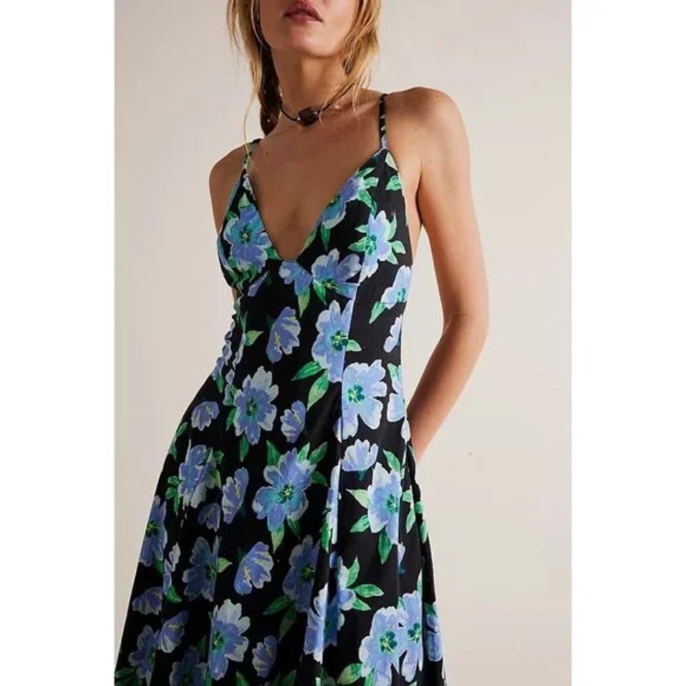 Free People Black Dress with Blue and Green Floral Print